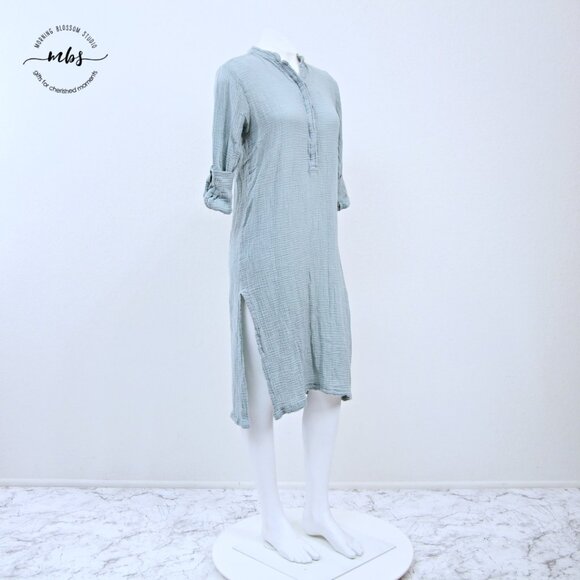 NWOT Mikoh Textured Button Up Rolled Tab Side Slit Shirt Mini Dress Blue Women S - Picture 1 of 9